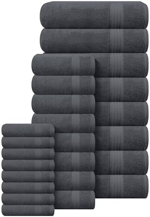 GLAMBURG Ultra Soft 24-Piece Towel Set - 100% Pure Ringspun Cotton, Contains 8 Oversized Bath Towels 27x54, 8 Hand Towels 16x28, 8 Wash Cloths 13x13- Ideal for Everyday use, Hotel & Spa- Charcoal Grey
