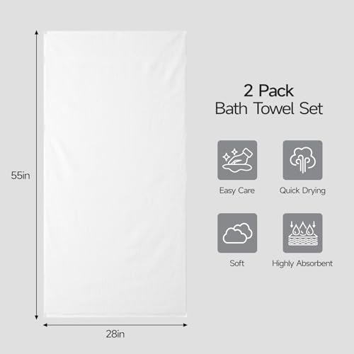 ecolook 2 Pack 100% Cotton Bath Towels, 28 x 55 Inches, Soft