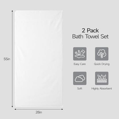 ecolook 2 Pack 100% Cotton Bath Towels, 28 x 55 Inches, Soft