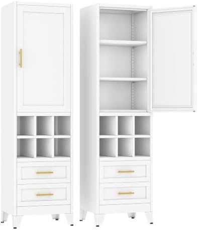 Ckzbx Tall Narrow Storage Cabinet, 66.93" H Tall Bathroom Cabinet Metal Pantry Cabinets with Hollowed-Out, 3 Adjustable Shelves, for Kitchen, Bathroom, Home Office, Living Room (White)