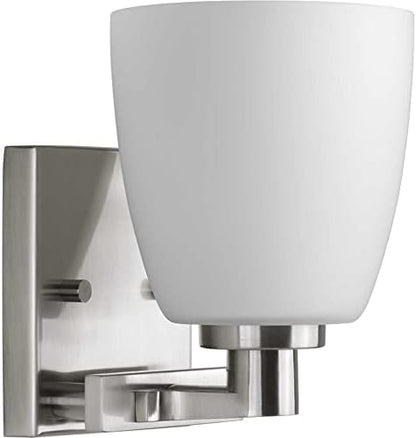 Progress Lighting 1 Light Bathroom Vanity Light, Coastal Style Modern Bath Lighting Fixture with Etched White Glass Shade for Over the Mirror, Reversible Mounting, Fleet Collection, Brushed Nickel