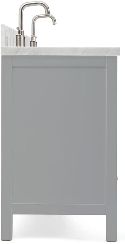 ARIEL Cambridge 72-inch Bathroom Vanity with Sink,Solid Wood, 1.5-inch Italian Carrara Marble Countertop & Backsplash, Double Oval Porcelain Sink, 4 Soft Closing Doors, 6 Dovetail Drawers, Grey