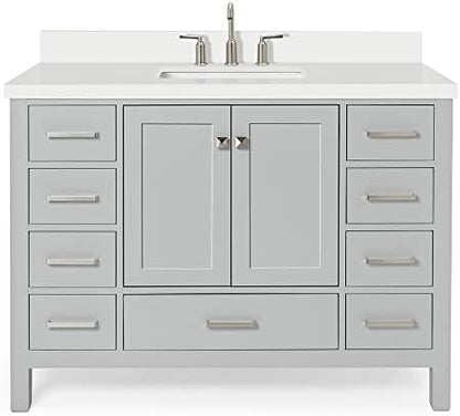 ARIEL Cambridge 48-inch Bathroom Vanity with Sink,Solid Wood, 1.5-inch Pure White Quartz Countertop & Backsplash, Single Rectangular Porcelain Sink, 2 Soft Closing Doors, 9 Dovetail Drawers, Grey