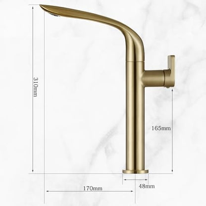 High-Arc 360° Rotating Bathroom Faucet, Single Handle Mixer Tap, Hot & Cold Water, Brushed Gold Finish, One Hole Sink Basin Mixer, Kitchen & Bath Use