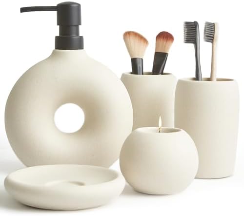Ceramic Bathroom Accessory Set, 5 Pcs - Soap Dispenser 16 Oz, Toothbrush Cup, Toothbrush Holder, Soap Dish, Candle Holder - Beige, Boho Bathroom Sink Decor, Modern Countertop Accessories