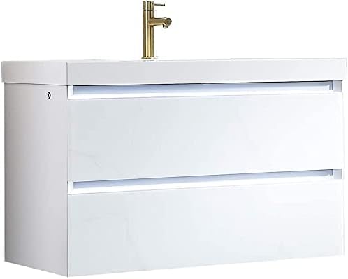 Blossom LED Lighted 36 inch Bathroom Vanity with Sink | Wall Mounted Floating Bathroom Vanity with Dimmable LED Lights | Modern Floating Design for Bathrooms | 36" w/Acrylic Sink, Calacatta White