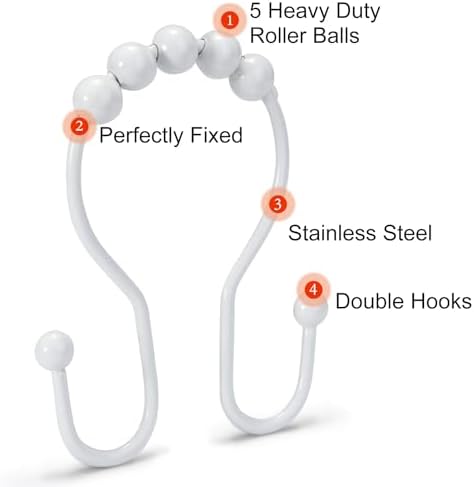 Goowin Shower Curtain Hooks, 12 Pcs Shower Curtain Rings, Stainless Steel Shower Curtain Hangers, Double Hook Shower Curtain Hooks, Smooth Sliding Anti-Drop Shower Rings for Curtain (White)