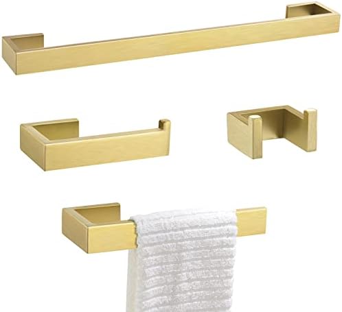 Gold Towel Bar Set 4 Pieces Bathroom Hardware Set Wall Mounted Stainless Steel,Towel Bar+Towel Holder+Towel Hook+Toilet Paper Holder,23.6 inch
