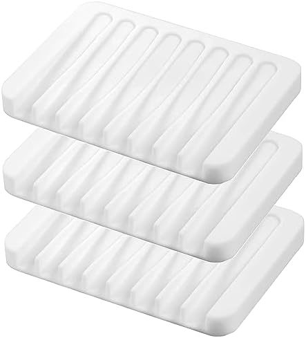 Self Draining Soap Dishes, 3 Pcs Silicone Soap Saver, Waterfall Drainer Soap Holder for Bathroom, Extend Soap Life, Keep Soap Bars Dry Clean & Easy Cleaning (White)