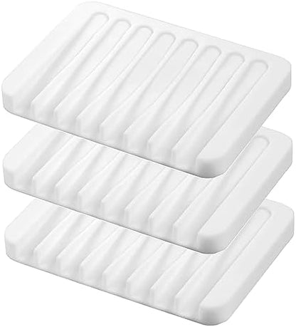 Self Draining Soap Dishes, 3 Pcs Silicone Soap Saver, Waterfall Drainer Soap Holder for Bathroom, Extend Soap Life, Keep Soap Bars Dry Clean & Easy Cleaning (White)