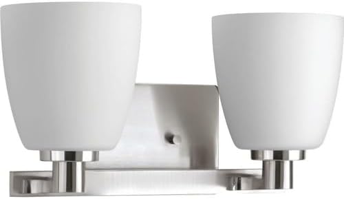 Progress Lighting 2 Light Bathroom Vanity Light, Coastal Style Modern Bath Lighting Fixture with Etched White Glass Shade for Over The Mirror, Reversible Mounting, Fleet Collection, Brushed Nickel