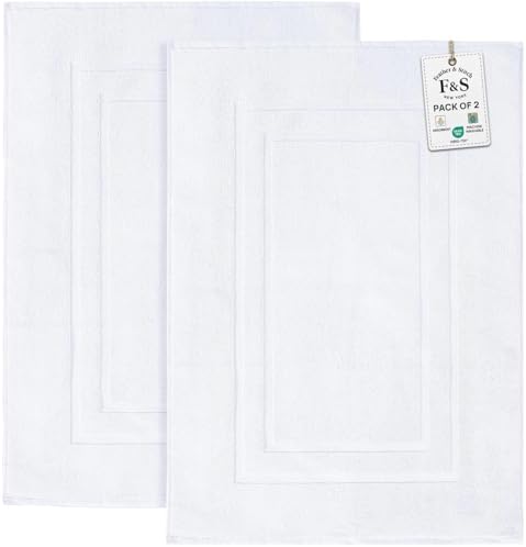 Feather & Stitch 2 Piece Towel Like Bath Mats (30x21 Inch) 100% Cotton Terry Bath Mats, Bathroom Shower Floor Mats [NOT A Bathroom Rug], Soft Absorbent Washable Mats - White