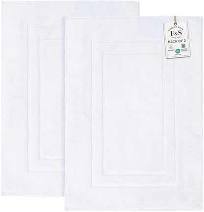 Feather & Stitch 2 Piece Towel Like Bath Mats (30x21 Inch) 100% Cotton Terry Bath Mats, Bathroom Shower Floor Mats [NOT A Bathroom Rug], Soft Absorbent Washable Mats - White
