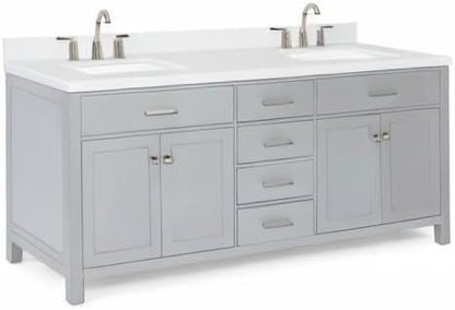 ARIEL Bristol 72-inch Bathroom Vanity with Sink,Solid Wood, 1.5-inch Pure White Quartz Countertop & Backsplash, Double Rectangular Porcelain Sink, 4 Soft Closing Doors, 4 Dovetail Drawers, Grey