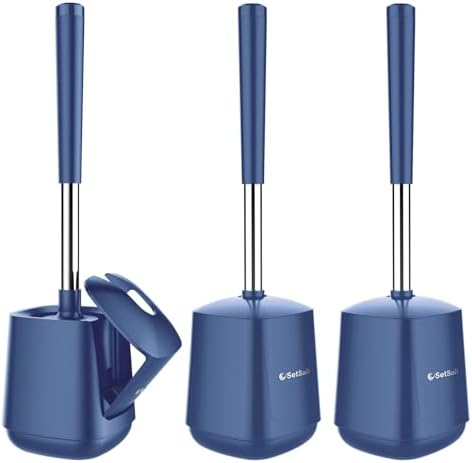 SetSail Toilet Brush and Holder 3 Pack, Self Closing Lid Toilet Bowl Brushes Holder Extra Long Handle Ventilated Toilet Brush Set for Bathroom Cleaning, Nylon Bristles, Dark & Blue