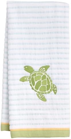Ritz 2-Piece Cotton Velour Bathroom Hand Towel Set, Embroidered Sea Turtle Design, Soft Pinstripe Coastal Bathroom Towels for Beach House, Lake Home, or Spa Decor, 16 in x 26 in