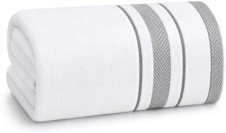 Bath Sheet Towel for Bathroom – Luxury 1-Piece Cotton Towels (70''x35''), Soft Absorbent & Quick Dry, 600 GSM Bath Towels for Bathroom, Hotel Spa Quality (White/Grey, 1-Bath Sheet)