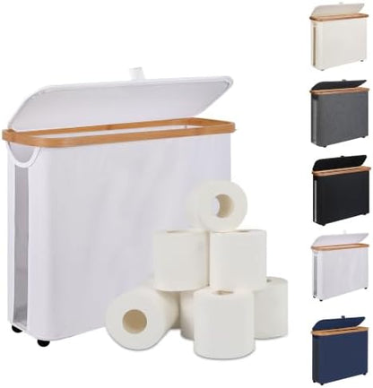 Toilet Paper Storage Basket with Lid - The Ultimate Bathroom Organizer, Free Standing Toilet Paper Holder for Up to 9 Mega Rolls, Toilet Tissue Storage Bin with Handle for RV Closet, White