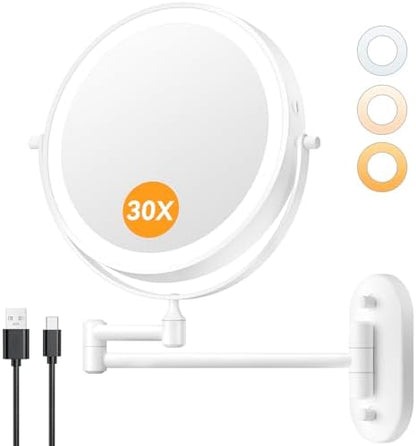 Auxmir 1X/30X Wall Mounted Makeup Mirror, 8" Rechargeable Magnifying Mirror