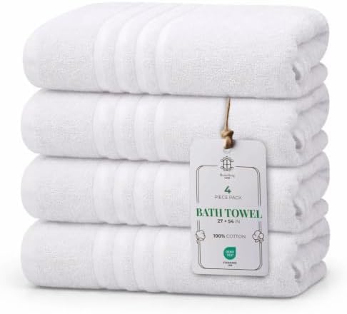 CORE 4-Piece Cotton Bath Towels for Bathroom | Value Pack, Soft, Absorbent, Quick-Dry, Lightweight, Minimalist, 27x54 in, White
