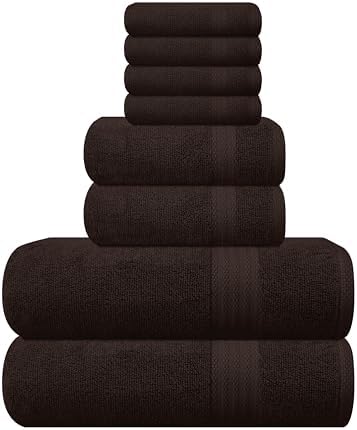 GLAMBURG Ultra Soft 8-Piece Towel Set - 100% Pure Ringspun Cotton, Contains 2 Oversized Bath Towels 27x54, 2 Hand Towels 16x28, 4 Wash Cloths 13x13 - Ideal for Everyday use - Chocolate Brown