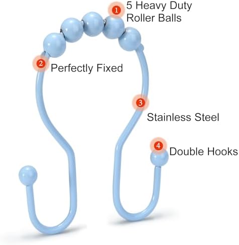 Goowin Shower Curtain Hooks, 12 Pcs Shower Curtain Rings, Stainless Steel Shower Curtain Hangers, Double Hook Shower Curtain Hooks, Smooth Sliding Anti-Drop Shower Rings for Curtain (Blue)
