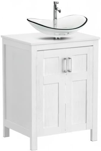 YOURLITE 24 Inches Traditional Bathroom Vanity Set with Single Faucet Hole, Clear Boat Glass Sink, White Finish, 2-Door Cabinet