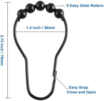 Shower Curtain Hooks Rings, Rustproof Metal Shower Curtain Rings for Bathroom Shower Rods Curtains - Set of 12, Matte Black
