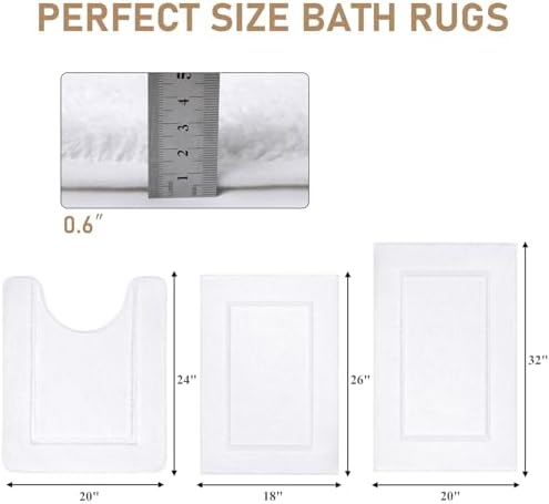 Pauwer 3 Piece Bathroom Rug Set, Non Slip Washable Bath Mat, White