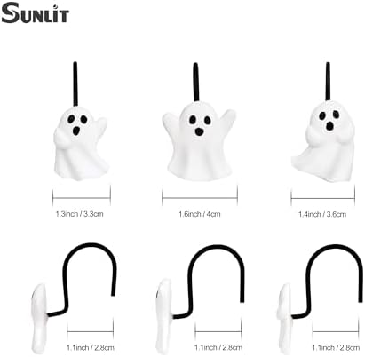 Sunlit Ghost Shower Curtain Hooks, Home Decorative Shower Curtain Rings for Bathroom, Halloween Shower Curtain Hangers Bathroom Accessories, Set of 12