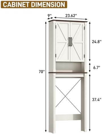 jiteentarou Farmhouse Bathroom Storage Cabinet,Over The Toilet Storage Cabinet with Roman Column Decor,Tall Over The Toilet Shelf with Barn Doors,Over Toilet Bathroom Organizer(Rustic White)