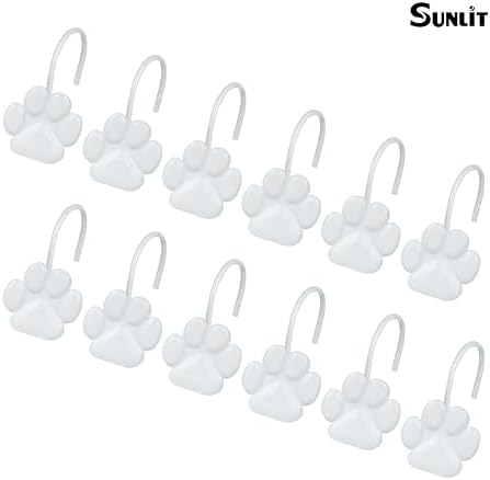 Sunlit Fashion Design Cute Paw Print Polished Shower Curtain Hooks for Dog Cat and Bear, Rust Proof Oil Rubbed Metal Shower Curtain Rings, White, 12 Pack