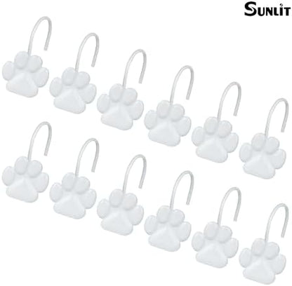 Sunlit Fashion Design Cute Paw Print Polished Shower Curtain Hooks for Dog Cat and Bear, Rust Proof Oil Rubbed Metal Shower Curtain Rings, White, 12 Pack
