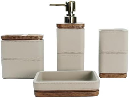 Hymmah Leather Pattern Design Bathroom Accessories Set,Farmhouse Bathroom Decor,4 Pcs Resin Gift Set Apartment Necessities, Contain Cotton Swab Jar,Soap Dispenser,Tumbler，Soap Dish/Tray
