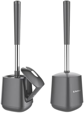 SetSail Toilet Brush and Holder 2 Pack, Self Closing Lid Toilet Bowl Brushes Holder and Extra Long Handle Ventilated Toilet Brush Set for Bathroom Cleaning, Nylon Bristles, Grey