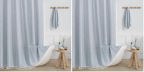 MitoVilla Blue Boho Fabric Shower Curtain, Modern Farmhouse Polyester Linen Shower Curtains for Vintage Rustic Bathroom Decor, Country Tassel Thick Cloth Shower Curtain, 72 x 72 (Pack of 2)