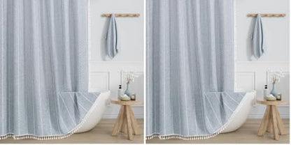 MitoVilla Blue Boho Fabric Shower Curtain, Modern Farmhouse Polyester Linen Shower Curtains for Vintage Rustic Bathroom Decor, Country Tassel Thick Cloth Shower Curtain, 72 x 72 (Pack of 2)