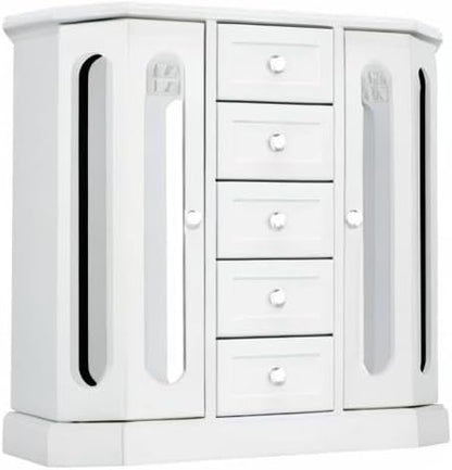 RR ROUND RICH DESIGN Vintage Jewelry Armoire with Mirror White | Solid Wood Jewelry Box Organizer with 5 Drawers & 2 Glass Doors - Large Capacity Desktop Dresser Case
