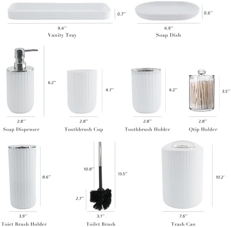 White Bathroom Accessories Set, 10Pcs Bathroom Accessory Sets Complete with Trash Can, Shower Curtain, Vanity Tray, Soap Dispenser, Soap Dish, Toothbrush Holder&Cup, Toilet Brush&Holder, Qtip Holder