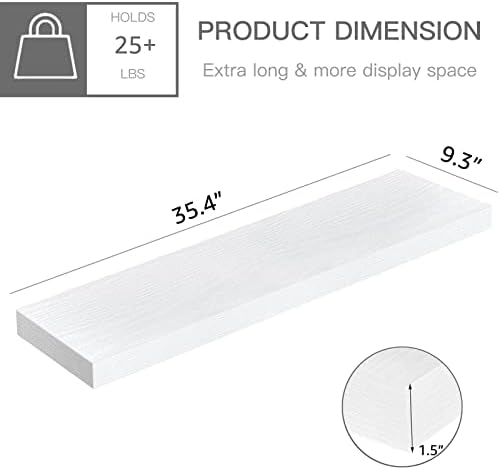 QEEIG Floating Shelves for Wall 35.4" Long - Wall Mounted Shelf Bathroom Kitchen Living Room Bedroom Farmhouse Home Decor Display Bookshelf Large 35.4 x 9.3 inch Set of 2, White (008-90W)