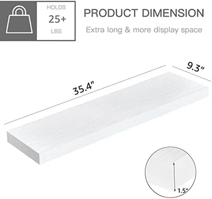 QEEIG Floating Shelves for Wall 35.4" Long - Wall Mounted Shelf Bathroom Kitchen Living Room Bedroom Farmhouse Home Decor Display Bookshelf Large 35.4 x 9.3 inch Set of 2, White (008-90W)