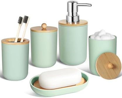 Green Bathroom Accessories Set 5 Pcs, Plastic Sage Green Bathroom Decor, Lotion Soap Dispenser and Toothbrush Holder Set, Qtip & Cotton Ball Holder, Green Bathroom Set, Boho Bathroom Decor