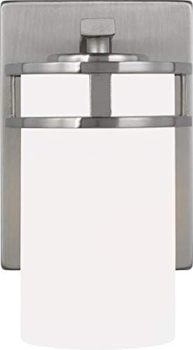 Generation Lighting 4121601-962 Robie Etched/White Glass Cylinder Wall Sconce Lighting Fixture, 1-Light 75 Watt, 8 Inch H x 5 Inch W, Brushed Nickel, Steel Construction