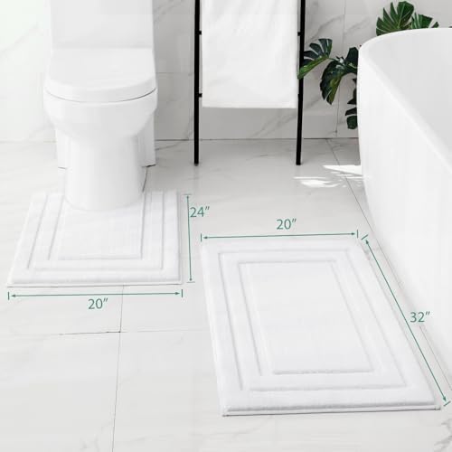 HOMEIDEAS Bathroom Rugs Sets 2 Piece, Super Soft and Absorbent Non Slip Microfiber U-Shaped Toilet Bath Mat Set (20"x32"+U20 x24, White)