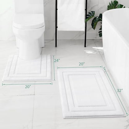 HOMEIDEAS Bathroom Rugs Sets 2 Piece, Super Soft and Absorbent Non Slip Microfiber U-Shaped Toilet Bath Mat Set (20"x32"+U20 x24, White)
