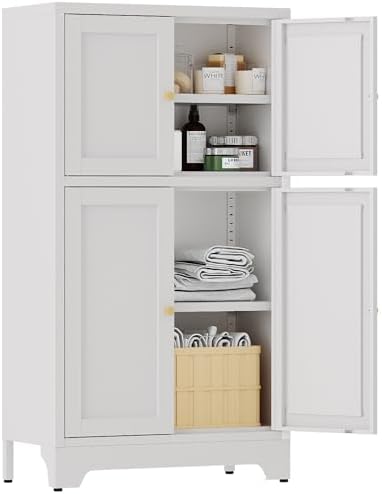 YAUWOH White Bathroom Floor Cabinet, Metal Storage Cabinet with 2 Adjustable Shelves & 4 Doors,Freestanding Sideboard for Dining Room,Living Room, Home Office