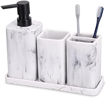 ZCCZ Bathroom Accessory Sets, 4 Pieces Bathroom Accessories Complete Set Vanity Countertop Accessory Set with Marble Look, Includes Lotion Dispenser, Toothbrush Holder and Tray (White Marble Look)