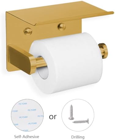 VAEHOLD Self Adhesive Toilet Paper Holder with Phone Shelf Stainless Steel Wall Mounted Toilet Paper Roll Holder - Rustproof and Bathroom Washroom Tissue Roll Holder with Storage Shelf - Gold