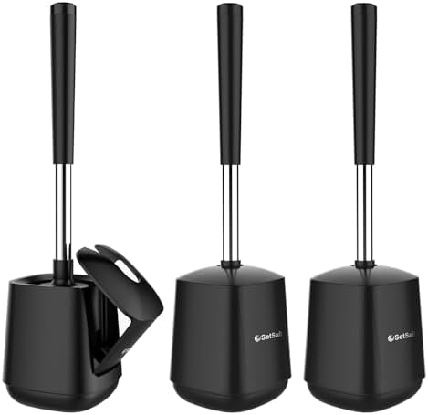 SetSail Toilet Brush and Holder 3 Pack, Self Closing Lid Toilet Bowl Brushes Holder Extra Long Handle Ventilated Toilet Brush Set for Bathroom Cleaning, Nylon Bristles, Black