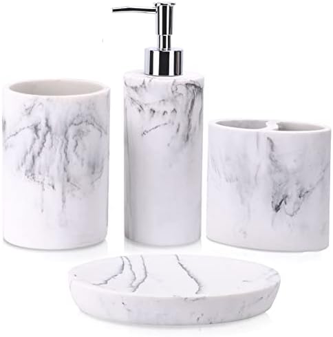 ZCCZ Bathroom Accessory Set, 4 Pcs Marble Look Bathroom Vanity Countertop Bathroom Décor Sets Accessories with Soap Dispenser, Toothbrush Holder Set, Tumbler, Soap Dish (White Marble Look Rounded)